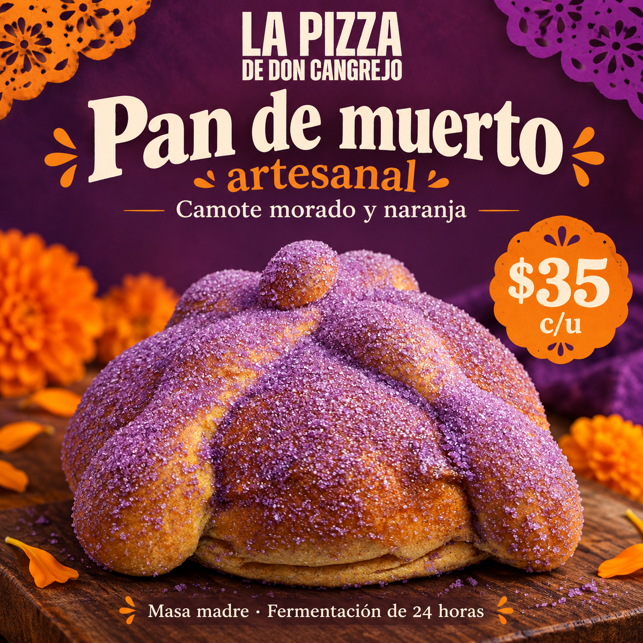 Pan de muerto artesanal · Camote morado y naranja